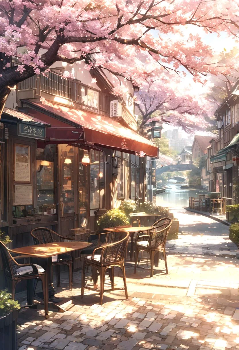 detailed background,( warm spring landscape), Riverside Street, Cherry tree in full bloom, Cherry blossom trees, day, dappled sunlight, tranquil river, charming cafes, outdoor seating, depth of field, masterpiece, best quality, ultra-detailed, very aesthetic, illustration, perfect composition, intricate details, absurdres, moody lighting,