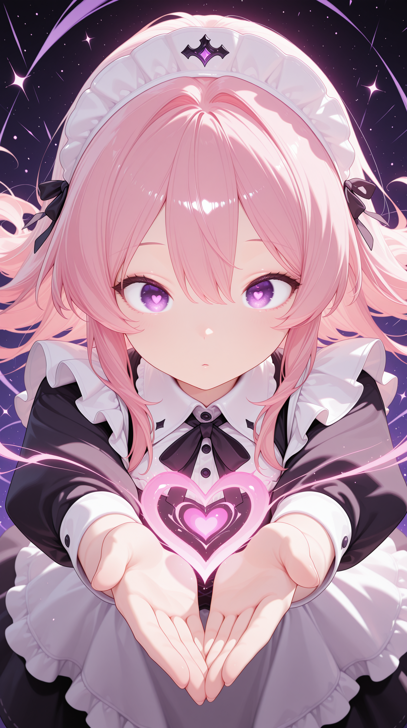 1girl, mystical idol aesthetic, hand extended, floating heart-shaped light masterpiece, best quality, amazing quality, very aesthetic, absurdres, detailed eyes, newest, <lora:CivChan:1>, CivChan, purple eyes, pink hair,