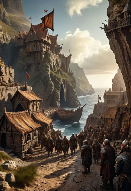 extremely detailed, hero shot, high detail, hires textures, incredibly detailed, intricate details, elaborate diorama, masterpiece, hyperrealism, masterpiece, cliff background, pleasant, stately, game of thrones, a small group of humans elves and dwarves disembark onto a settlement in a fantasy world with ancient-ships in the distant background