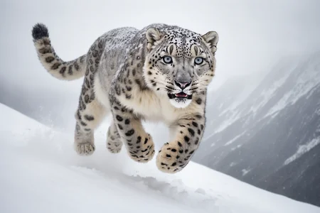 a rare photo of a snow leopard by National Geographic, the photo captures the majestic animal running on a rocky snow mountain during a strong snow storm , the leopard is jumping, snow-capped mountain peaks in background, snow storm, storm clouds, heavy snow, ultra detailed fur, hungry eyes, alert posture, expansive mountain vista, 8k, ultra realistic, photography,