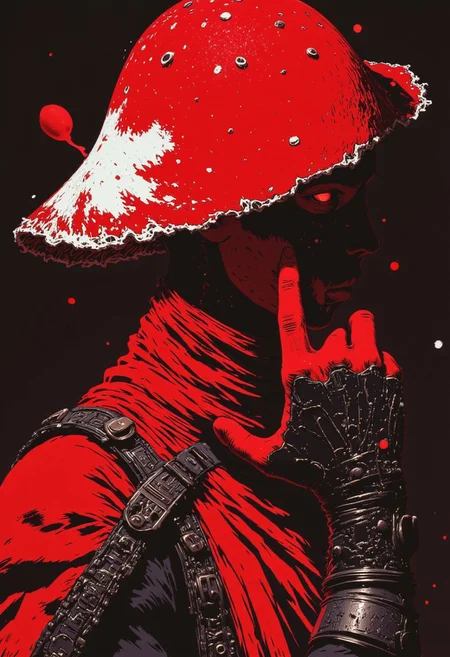 Hand Up stance, Fight stance, Action Pose, action scene, floating particles, high Budget Anime sequence, S1n0z1ck style, extreme Closeup of an retro art Ninja, flat color two toned in red and white, resembling a mushroom syberian masked intricate designed haitian Warrior in Relief high collar metal armor, cinematic lighting, insane details, hyperrealistic extreme closeup macro photography, 64 megapixel DSLR