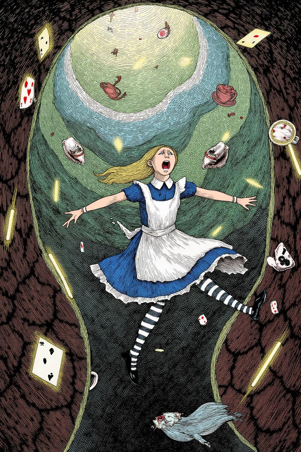 edwardgorey1 illustration.
Overhead view of Alice in Wonderland falling into the rabbit hole, with her legs dangling beneath her. She is looking upward, her face filled with shock and terror as she screams. Her blue dress and white apron billow out around her as she tumbles, while her striped stockings and black shoes are visible below. The rabbit hole is a swirling, chaotic mix of vibrant colors, playing cards, teacups, and other Wonderland objects floating around her. Soft glowing light emanates from the tunnel walls, adding an eerie, fantastical feel to the scene. The sense of motion and fear is palpable as Alice falls deeper into the unknown. <lora:edwardgorey1_d8a4e9:1.0><lora:864715636880752624:0>