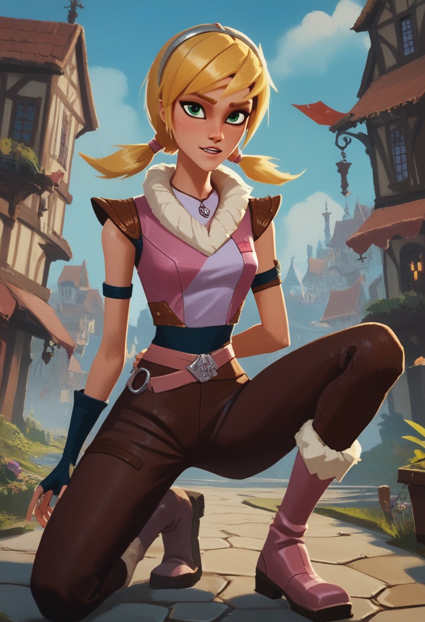 score_9, score_8_up, score_7_up, 1girl, solo, L4RKSH, blonde hair, twin pigtails, silver headband, green eyes, white fur collar, rag clothes, pink rag shirt, fingerless gloves, brown pants, brown fur calf boots, highly detailed, intricate, zzCitronCAT, on one knee, one arm behind back, one hand on ground, fierce expression, outside, village