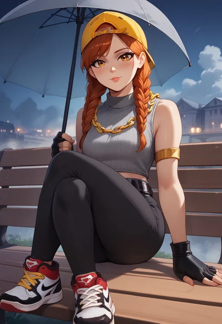 source_anime, score_9,score_8_up, score_7_up,score_6_up, ,AuraFN, girl, long orange braids, gray top, black pants, belt, gold chain, bracers, yellow cap, fingerless gloves, navel, sneakers, cute blush, flirting, night city, sitting, on bench, crossed legs, under the umbrella, fog on the background