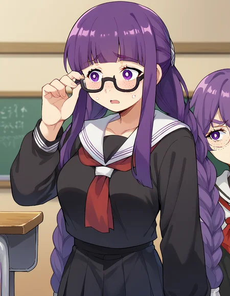score_9, score_8_up, score_7_up, source_anime, <lora:fern-s1-ponyxl-lora-nochekaiser:1>, fern, long hair, bangs, purple eyes, purple hair, sidelocks, blunt bangs, bright pupils, half updo, large breasts, <lora:jimiko-ponyxl-lora-nochekaiser:1>, jimiko, glasses, black-framed eyewear, messy, unkempt, thick eyebrows, twintails, braids, freckles, baggy eyes,, blush, open mouth, embarrassed, classroom, adjusting eyewear, serafuku, black serafuku, red neckerchief, skirt, black skirt, pleated skirt, cowboy shot, <lora:averting-eyes-ponyxl-lora-nochekaiser:1>, averting eyes,