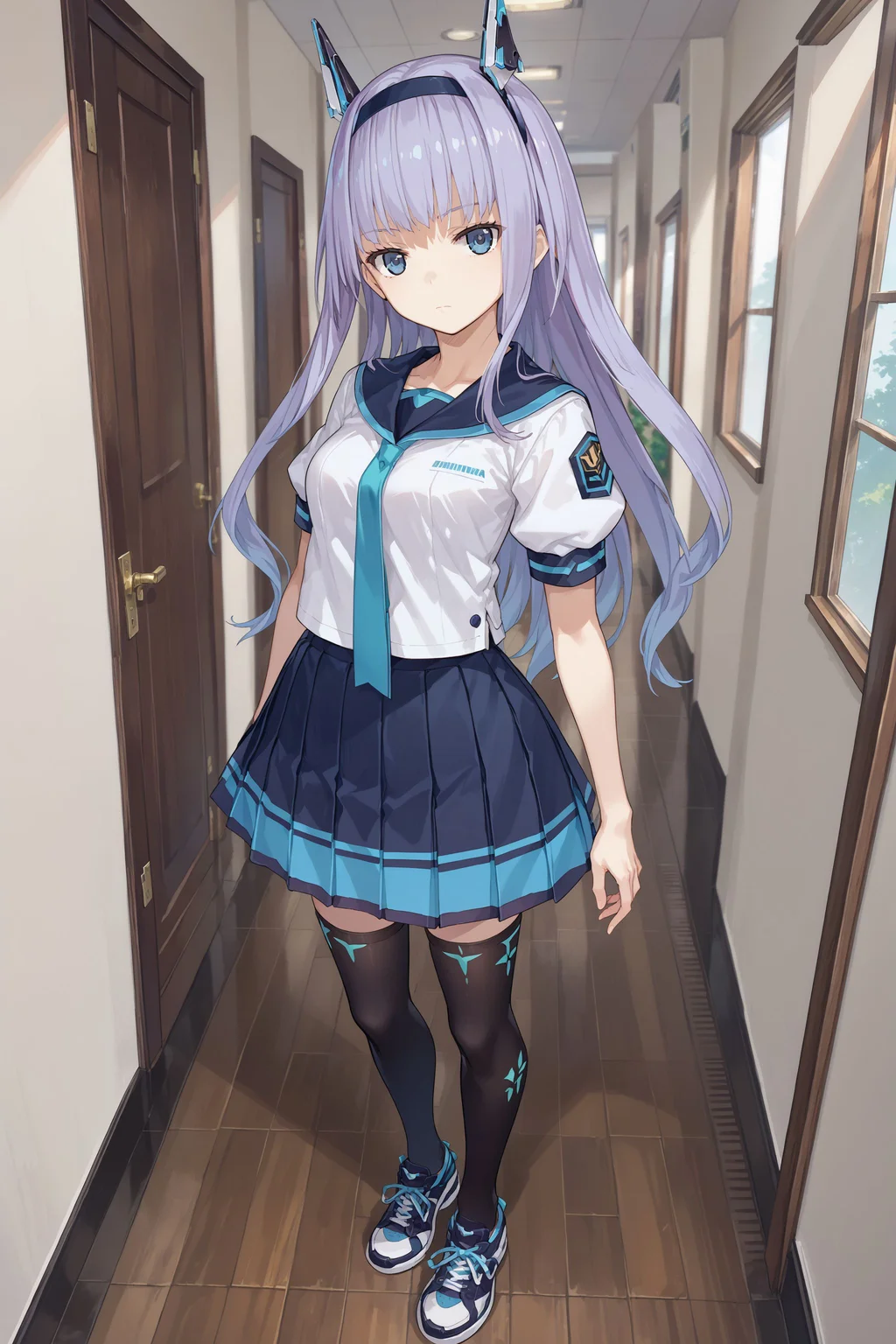 score_max, (score_9, score_8_up, score_7_up:1.2), score_6_up, official art,
masterpiece, absurdres, high detail, 8k,
school, corridor, window,
standing, expressionless, looking at viewer,
ddpmaria, headgear, hairband, serafuku, sailor collar, white shirt, puffy short sleeves, aqua necktie, pleated skirt, black skirt, black thighhighs, sneakers, heels
<lora:XL_Pony_gomaotsu-maria-t3:1.0>