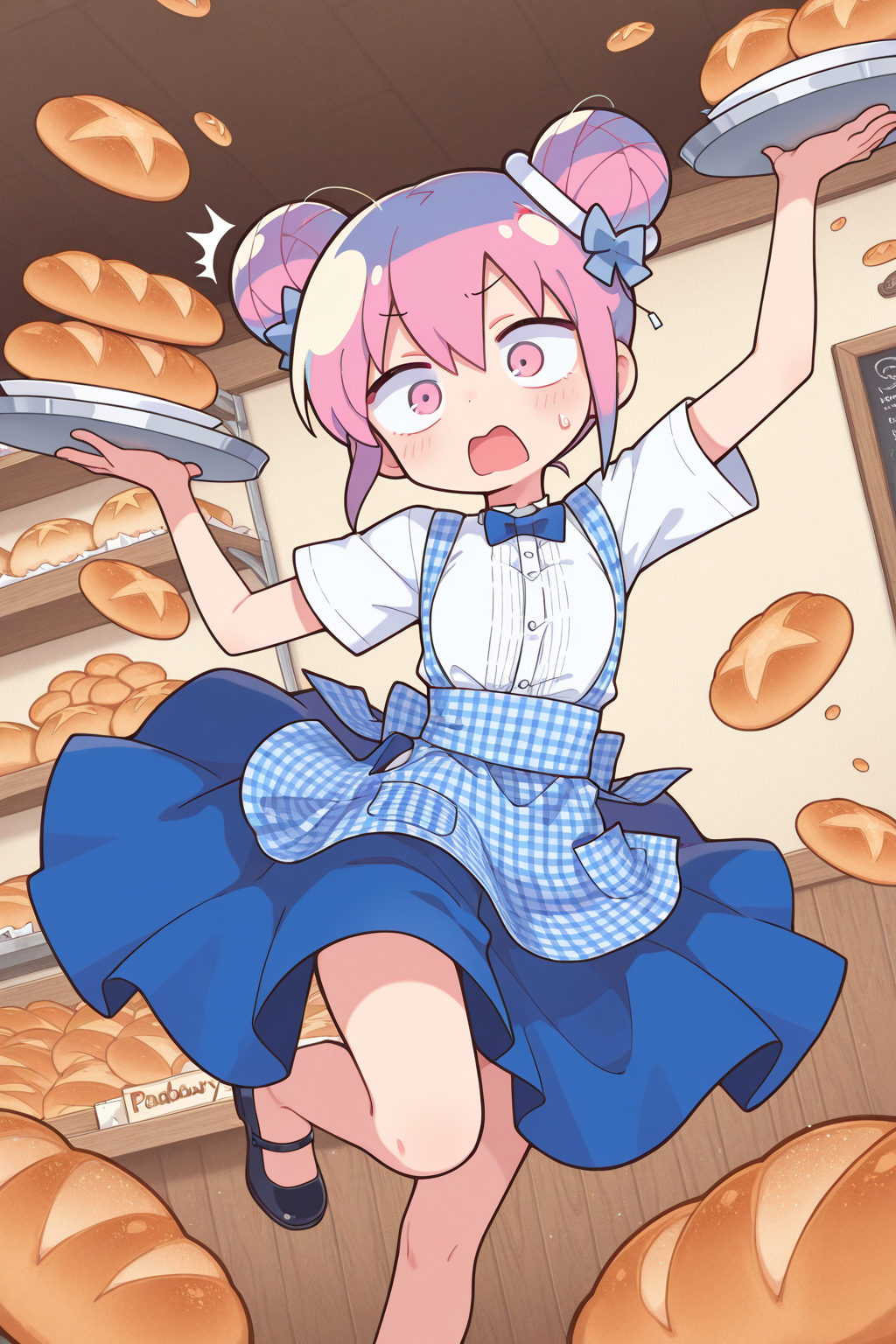 1girl,
DadadadaTenshiMusicVideo,
general, solo, 
double bun, no choker,
kobeya uniform,
dynamic pose, surprised, tray, flying, bread,
bakery,
<lora:kp_DadadadaTenshiMusicVideoIllustrious_v1_0:1.0>,
masterpiece, best quality, amazing quality