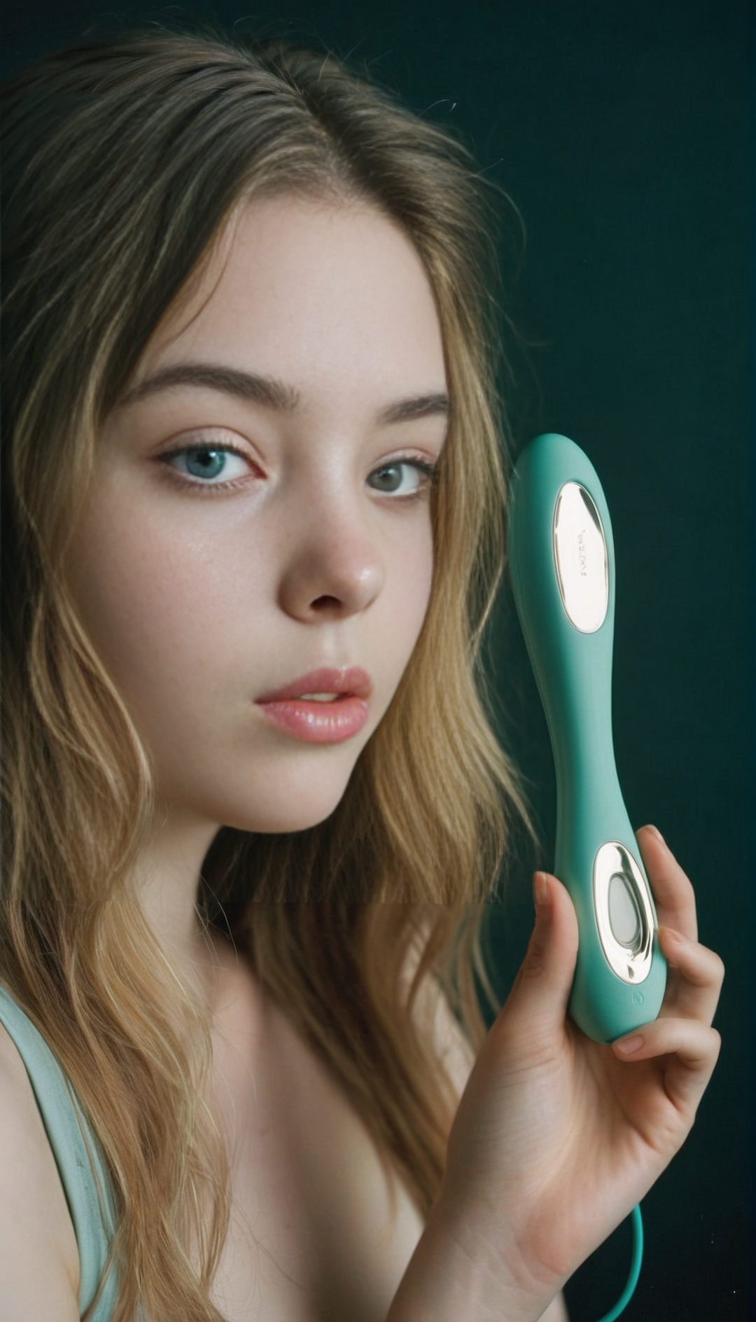 ((neutral black background)),photograph of a 20 year old woman holding  a teal lelosorayavib vibrator, against her pussy  <lora:LeloSoraya2-Vib-sdxl-6-000005:0.9>, RAW candid cinema, 16mm, color graded portra 400 film, remarkable color, ultra realistic, textured skin, remarkable detailed pupils, realistic dull skin noise, visible skin detail, skin fuzz, dry skin, shot with cinematic camera