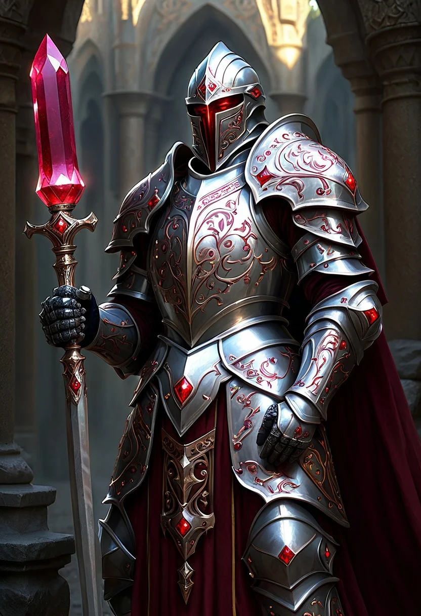 magicNpolished, A noble paladin, silver armor adorned with gemstones, intricate designs, holding a ruby mace, fantasy setting