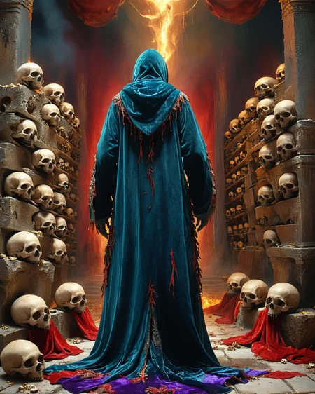 hooded human sorcerer standing in evil temple near a pile of skulls, raised dais, viewed from behind, velvet robe, volumetric lighting, intense colors, <lora:add-detail-xl:1.0>, <lora:xl_more_art-full_v1:0.4>, <lora:XSfenlie:1> fenliexl, <lora:lora:1>, realistic photo