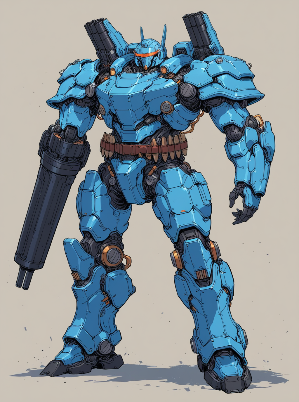 sref4535,overdesigned heavy armored mecha, big shoulders, arm cannon, cartridge belt, visor, <lora:sxz-sref4535:0.8>