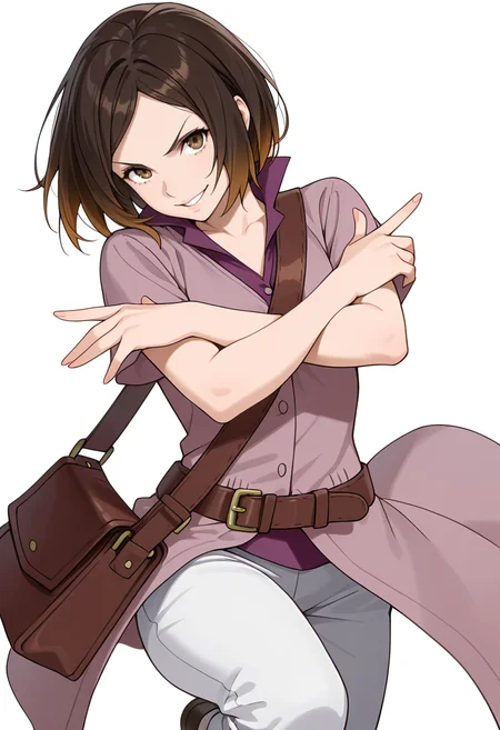 Smooth Quality,masterpiece,very intricate, high quality details, ultra realistic, high detailed skin,detailed enviorement,absurdres,
simple background, white background,solo,
dynamic pose, arms crossed, one leg bent, confident stance, slight head tilt, relaxed hands, ,from behind,evil grin,
<lora:Kirara_Mizutani_cnn:0.8> 1girl, short hair, brown hair, multicolored hair, two-tone hair, brown eyes, at viewer, upper body,shirt, short sleeves, collared shirt, coat, pants, purple shirt,brown belt, shoulder bag,