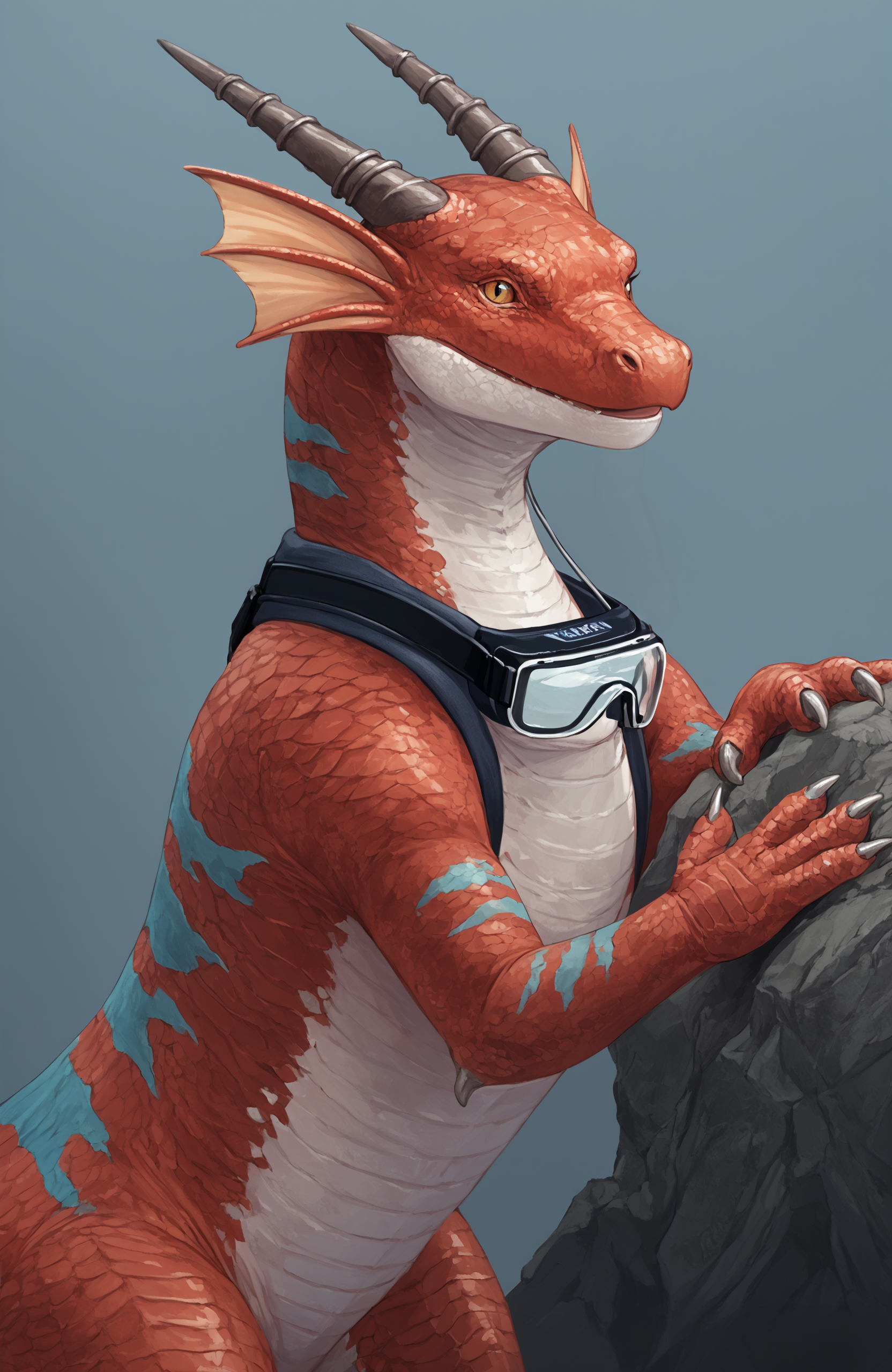portrait of <lora:Anna_Angels_with_Scaly_Wings_Pony:1> Anna_awsw, red scales, black horns, blue stripes on scales, head fins, dragon, tail, scales, claws, feral, female, (goggles around neck
:1.2)
<lora:add-detail-xl:1> best quality, worst quality <lora:Pony_DetailV2.0:1>   <lora:Babanasaur_Style:1> babanasaur, source_furry, no humans, detailed, masterpiece, hi res, high quality, best quality, anatomically correct