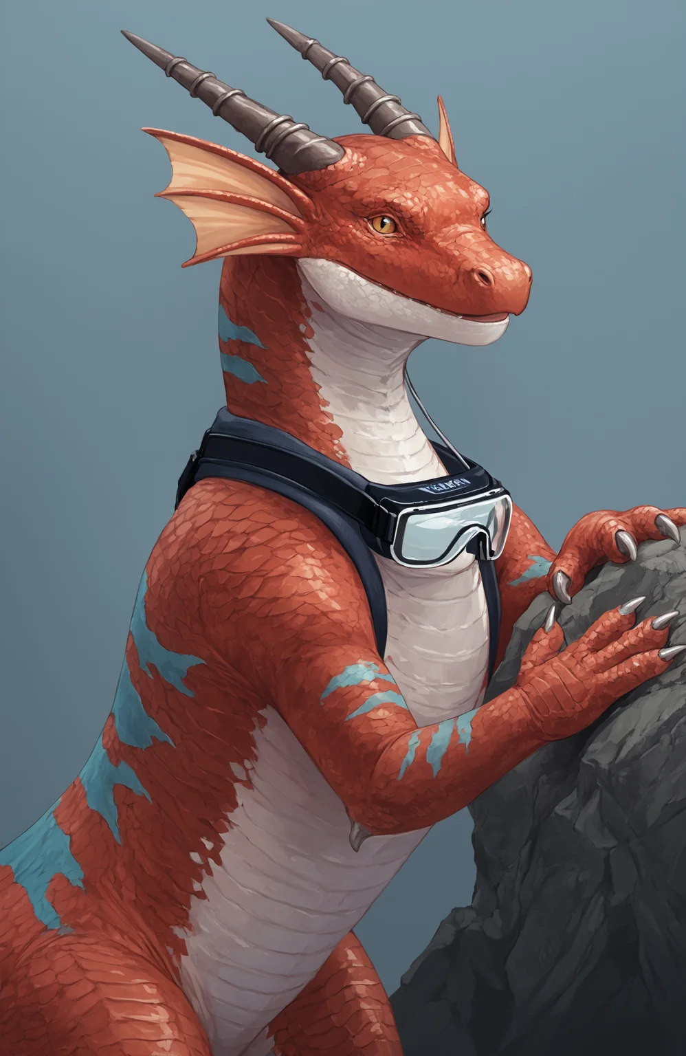 portrait of <lora:Anna_Angels_with_Scaly_Wings_Pony:1> Anna_awsw, red scales, black horns, blue stripes on scales, head fins, dragon, tail, scales, claws, feral, female, (goggles around neck
:1.2)
<lora:add-detail-xl:1> best quality, worst quality <lora:Pony_DetailV2.0:1> <lora:Babanasaur_Style:1> babanasaur, source_furry, no humans, detailed, masterpiece, hi res, high quality, best quality, anatomically correct