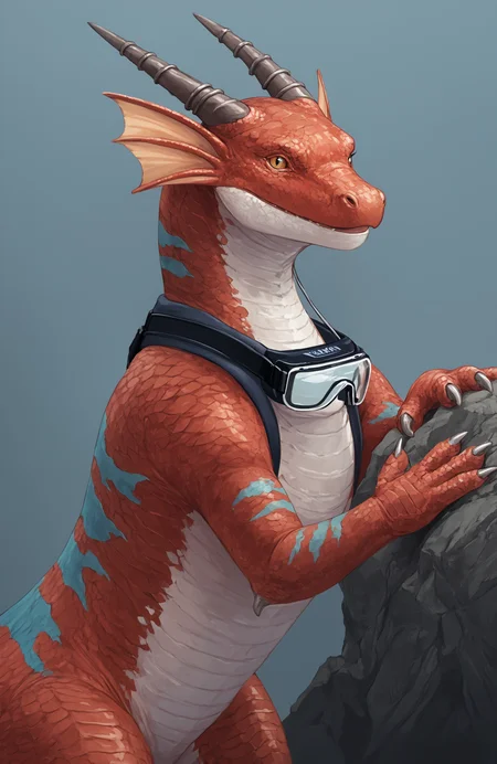 portrait of <lora:Anna_Angels_with_Scaly_Wings_Pony:1> Anna_awsw, red scales, black horns, blue stripes on scales, head fins, dragon, tail, scales, claws, feral, female, (goggles around neck
:1.2)
<lora:add-detail-xl:1> best quality, worst quality <lora:Pony_DetailV2.0:1>   <lora:Babanasaur_Style:1> babanasaur, source_furry, no humans, detailed, masterpiece, hi res, high quality, best quality, anatomically correct