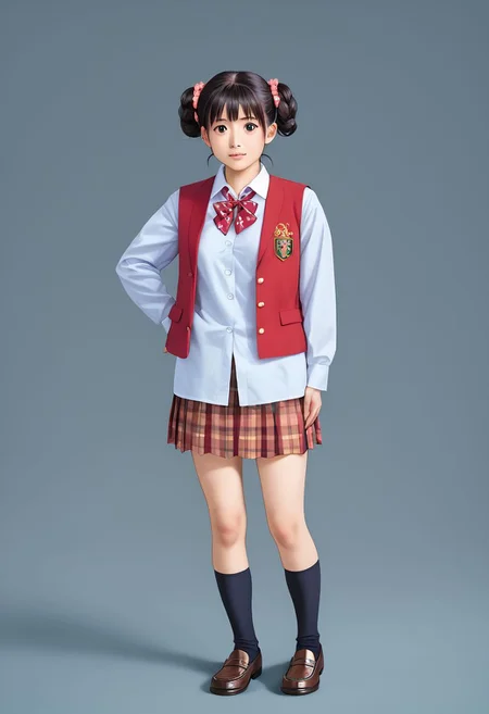<lora:pony_xl_narusawa:0.8>,narusawa,score_9,score_8_up,score_7_up,source_anime,1girl,looking at viewer,school uniform,long sleeves,vest,pleated skirt,plaid skirt,socks,loafers,cowboy_shot, standing, clear background, pastel colours,