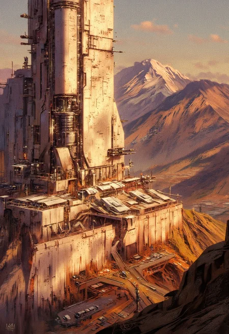 in the style of ck-sfc, detailed photorealistic image, looking down from a mountain peak at a gleaming alabaster and marble sci-fi fortress, surrounded by armored walls with armored gun emplacements and rocket launchers, situated at a crossroads in a luch valley, silhouetted at sunset, great lighting