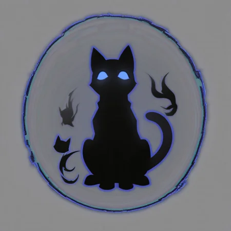shadow_cat, black cat, silhouette, shadow energy, blue sclera, no pupils, looking at viewer, sitting on haunches, solo, simple background