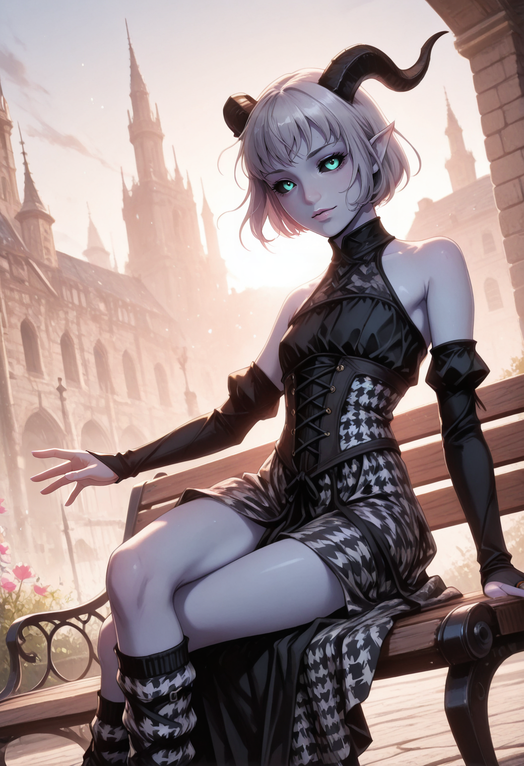 realistic, very awa, ambient occlusion, ray tracing, [sei shoujo], [yoshiten], [takeuchi_takashi], [libbyframe], style parody, [bang_dream!], [arcane:_league_of_legends], [league_of_legends], saturated, colorful, (dynamic angle:1.3), (cowboy shot:1.2) BREAK 1girl, solo, <lora:tiefling:0.7> tiefling, pointed ears, horns, (black sclera:1.2), blank eyes, medium silver hair, very short hair, aqua eyes, (pale [purple:blue:0.4] skin:1.2), thicc body, narrow waist, long legs, flat chested, perfect hands, moist lips, (inspired), wink,kubrick stare BREAK dancer, wearing (detailed blue wool dress), bridal gauntlets, underbust, houndstooth quilted leg warmers,, <lora:dancer:0.5> BREAK medieval, fantasy, outdoors, fantasy park, , urban details, flowers,houses, reclining, sitting, crossed legs , outstretched arms, on bench, spring, evening, warm soft light, long shadows, moon,, dynamic lighting BREAK <lora:reij-detaILer:0.9> <lora:light-000167:0.6> <lora:onespeg_art_style:0.7> 0n3sp3g <lora:yazloba_darkfantasy_v.2:0.6>