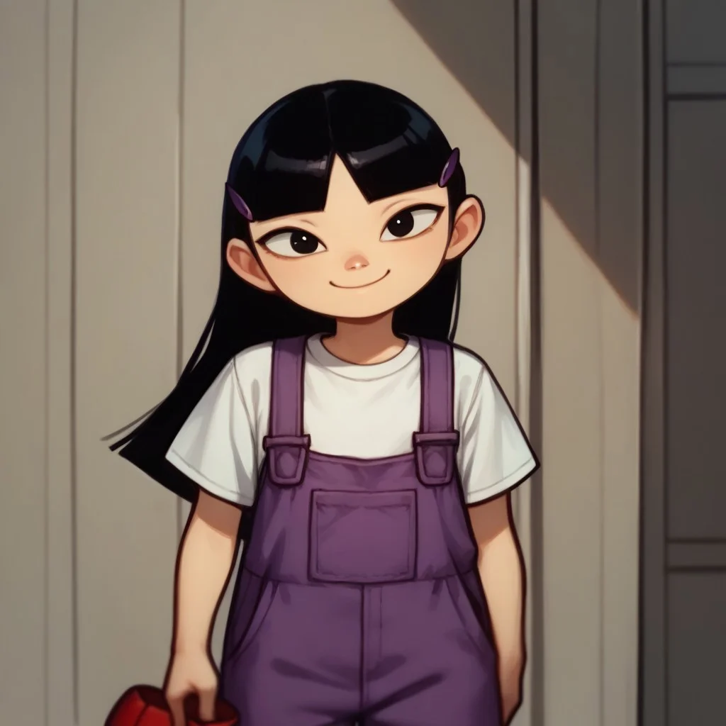 score_9, score_8_up, score_7_up, KimPPG, 1girl, long black hair, blunt bangs, black eyes, purple hairclips, purple overalls, short-sleeve white shirt, short-sleeve white undershirt, red shoes, smiling at viewer,