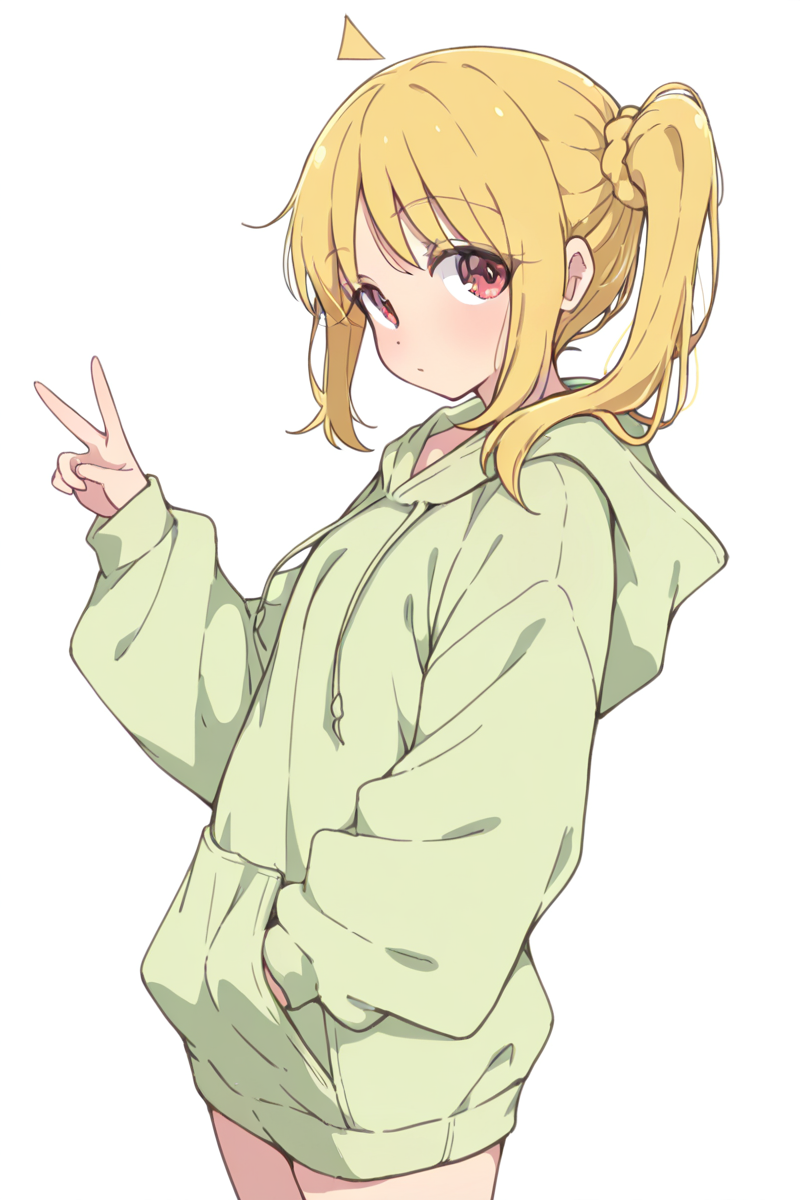 masterpiece, best quality, amazing quality,
 <lora:Melty_IL:1> meltypot, 1girl, solo, blonde hair, hood, simple background, red eyes, white background, hoodie, v, ahoge, looking at viewer, hand in pocket, hood down, side ponytail, long sleeves, green hoodie, bangs, nijika