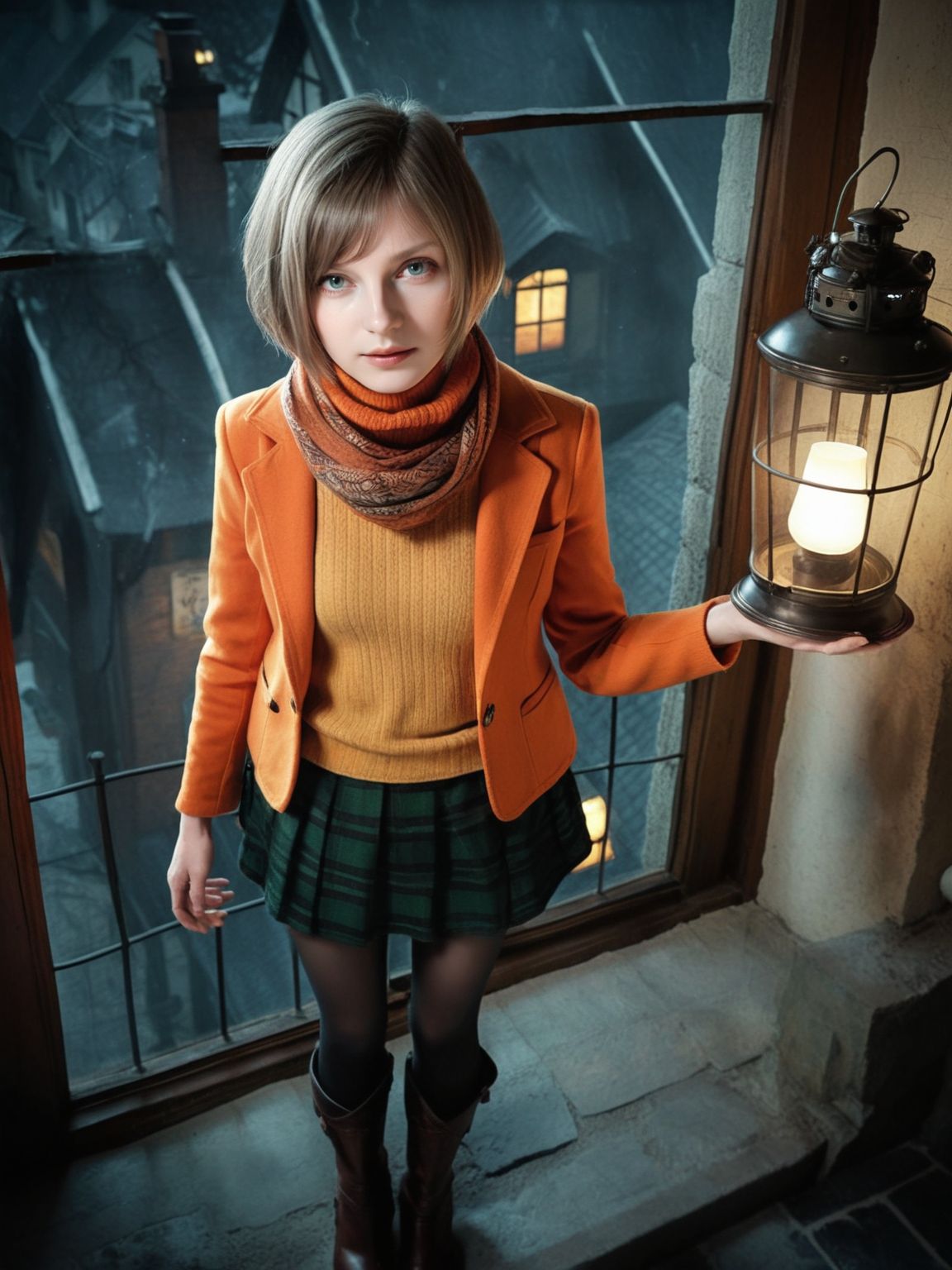 realistic,photo,cinematic,
<lora:Ella_Freya_v1_biglust:1>(ellfrya:1.2),orange jacket over sweater,adult,(ashl hair:1.2),scarf,black (pantyhose:1.2),long brown boots,green skirt,turtleneck,
none,night,inside,village outside window,holding small vintage lantern,from above,standing pose,
mystical,dystopian,horror \(theme\),resident evil 4 \(remake\), best quality,