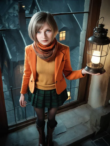 realistic,photo,cinematic,
<lora:Ella_Freya_v1_biglust:1>(ellfrya:1.2),orange jacket over sweater,adult,(ashl hair:1.2),scarf,black (pantyhose:1.2),long brown boots,green skirt,turtleneck,
none,night,inside,village outside window,holding small vintage lantern,from above,standing pose,
mystical,dystopian,horror \(theme\),resident evil 4 \(remake\), best quality,