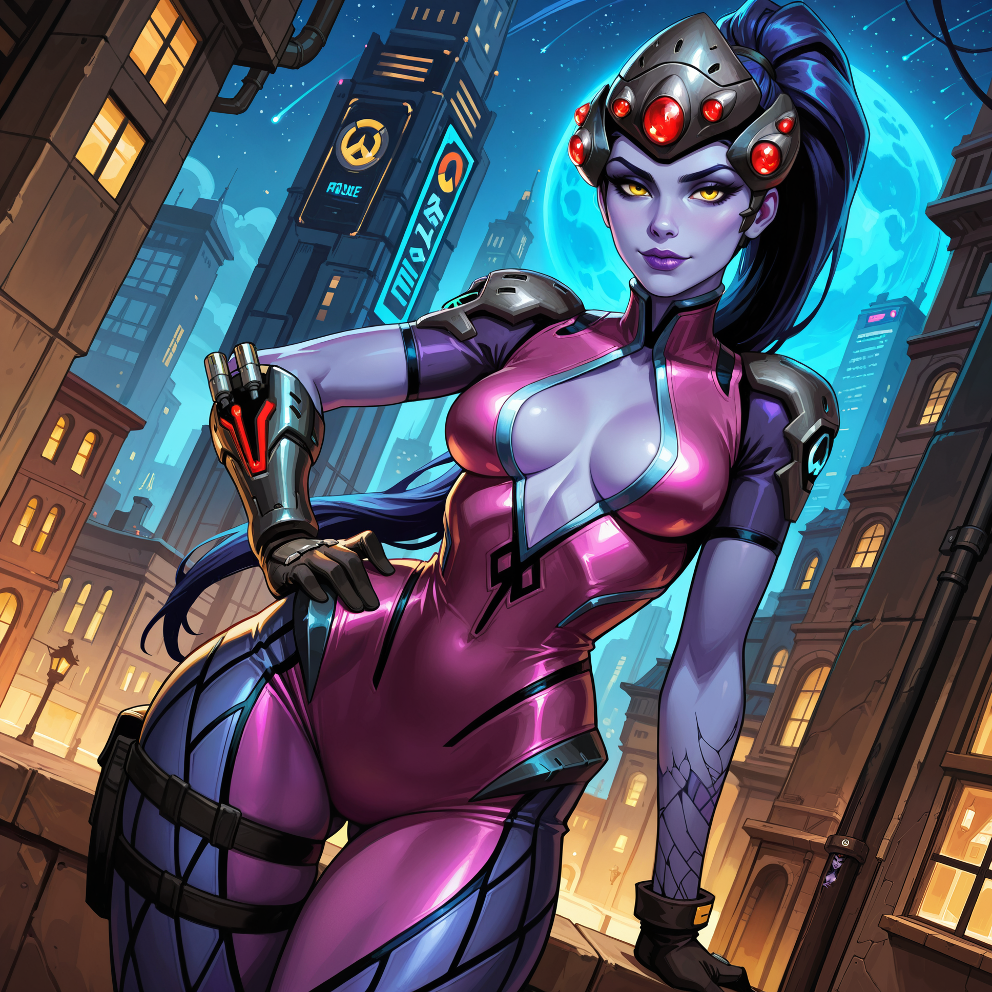 2d, source_cartoon, western comics \(style\),

intricate detail,

eye contact:1.2, looking at viewer:1.25, dynamic angle, dynamic shot, fingers on lips, hand on hip, arched back, seductive pose,

BREAK

1girl, solo, widowmaker from overwatch, purple colored skin, yellow colored eyes,

fit body, almond shaped eyes, long eyelashes, medium breasts, small narrow waist, wide hips, thick thighs,

BREAK

widowmaker outfit, purple and black widowmaker outfit,

BREAK

detailed background, detailed scenery, outdoors, futuristic overwatch background, nighttime,