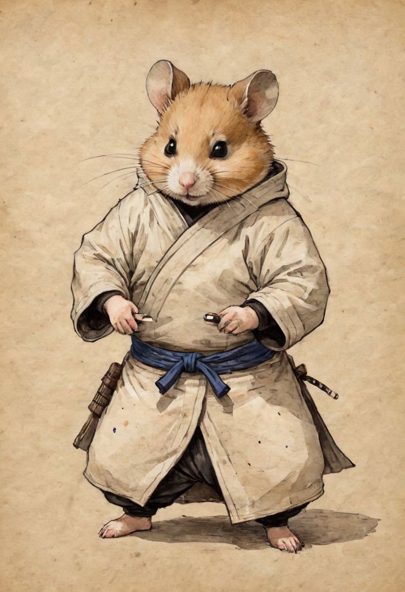 old book style ink illustration, on parchment, ink splashes, ink stains, ink smears, faded ink, samurai chubby Dzungarian hamster, coat, pantless, linquivera, liiv1, on parchment