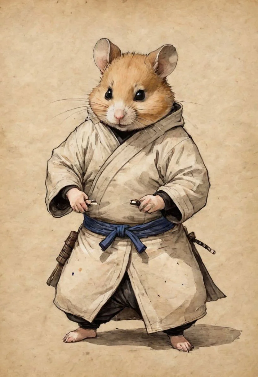 old book style ink illustration, on parchment, ink splashes, ink stains, ink smears, faded ink, samurai chubby Dzungarian hamster, coat, pantless, linquivera, liiv1, on parchment