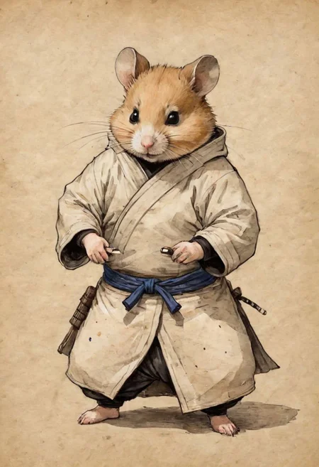old book style ink illustration, on parchment, ink splashes, ink stains, ink smears, faded ink, samurai chubby Dzungarian hamster, coat, pantless, linquivera, liiv1, on parchment