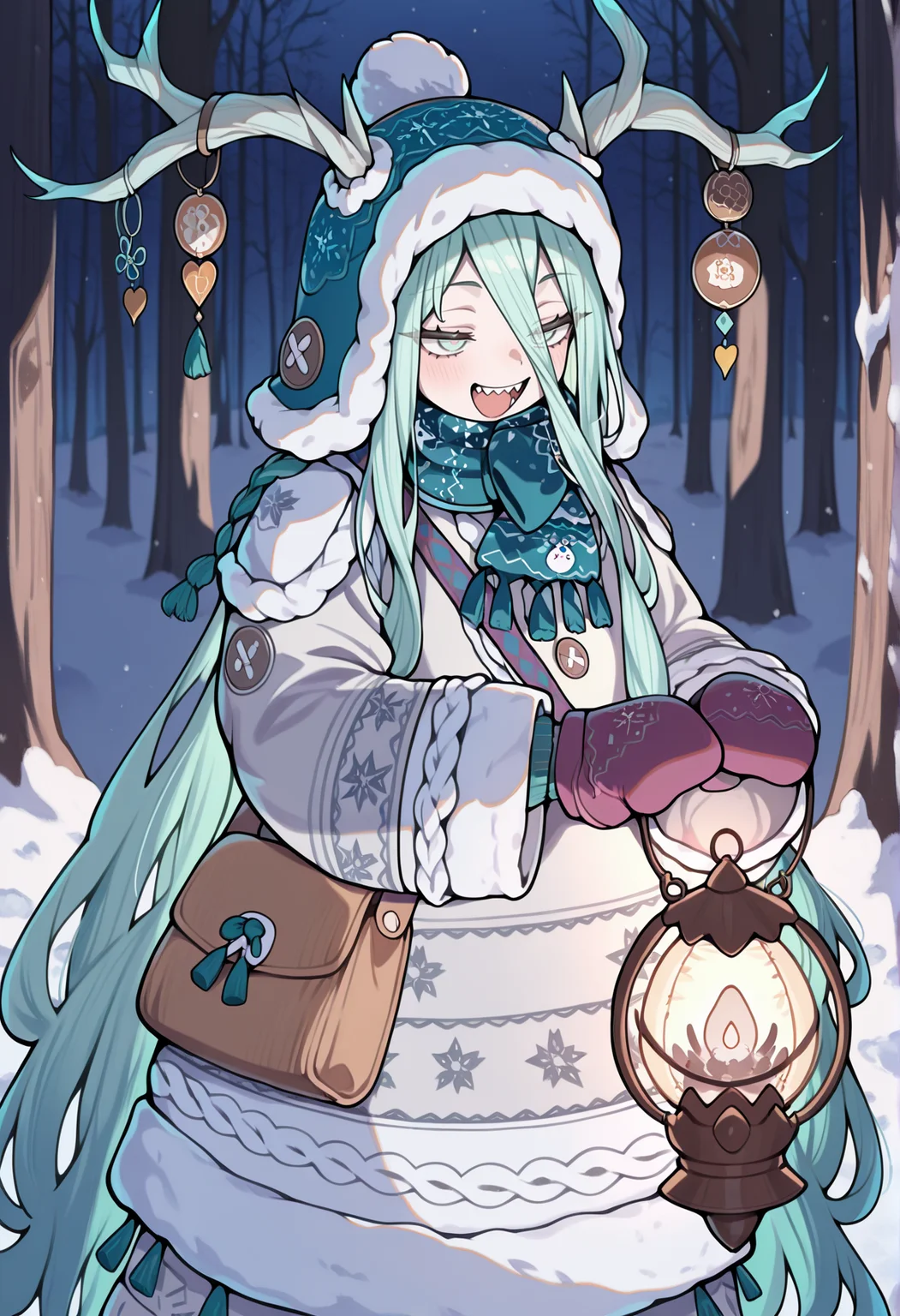1girl, absurdly long hair, messy hair, aqua hair, aqua eyes, horns, horn ornament, hat, scarf, winter clothes, coat, bag, mittens, outdoors, snow, forest, sharp teeth, open mouth, smile, holding lantern, night <lora:Louhi_fate:1>, masterpiece, best quality, amazing quality, very aesthetic, absurdres, highres, newest