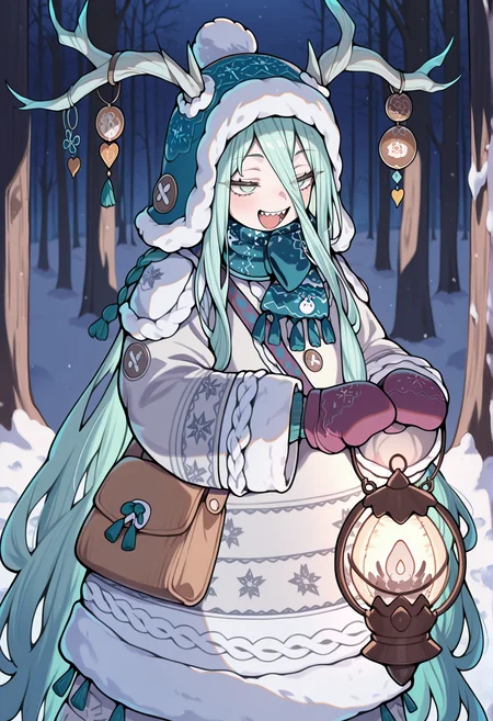1girl, absurdly long hair, messy hair, aqua hair, aqua eyes, horns, horn ornament, hat, scarf, winter clothes, coat, bag, mittens, outdoors, snow, forest, sharp teeth, open mouth, smile, holding lantern, night <lora:Louhi_fate:1>, masterpiece, best quality, amazing quality, very aesthetic, absurdres, highres, newest