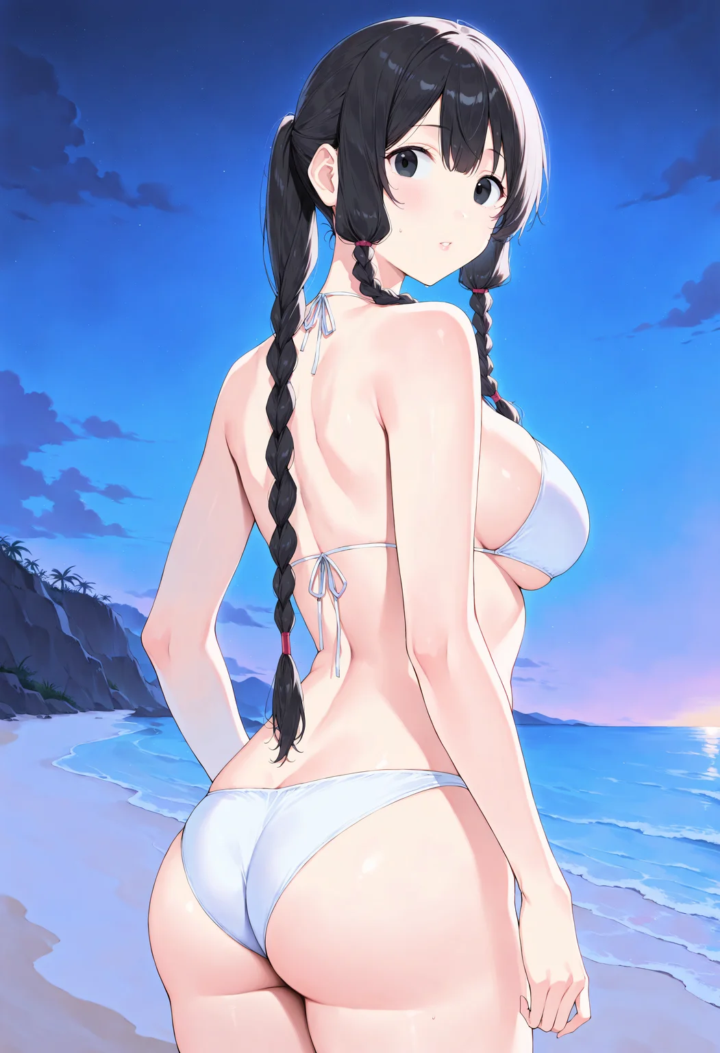masterpiece, best quality, very aesthetic, absurdres, highres, newest, realistic, anime_cg, Reina, 1girl, solo, teen, black eyes, long hair, braid, twin braids, breasts, black hair, large breasts, single braid on back, standing, ass, parted lips, looking at viewer, sky, night, beach background, dawning