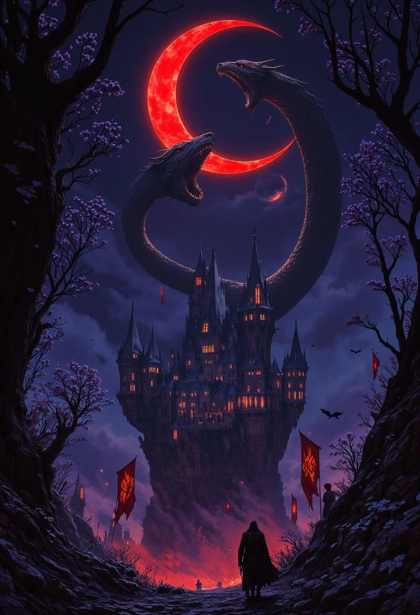 "Dark fantasy digital illustration: A lone warrior trudges along a decaying path through a twisted forest. Above, a blood-red crescent moon births a spectral dragon made of tattered moonlight and shadow, its ethereal form coiling around a crumbling fortress perched on death-black cliffs. Toxic purple berries gleam on dying trees while withered daisies cling to rotting underbrush. Phantom creatures circle the night sky as tattered flags hang limp from decrepit towers. The scene drowns in midnight blues, corrupted purples, and crimson-stained blacks, radiating an atmosphere of profound despair and lost hope."