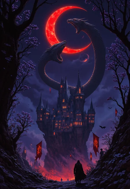 "Dark fantasy digital illustration: A lone warrior trudges along a decaying path through a twisted forest. Above, a blood-red crescent moon births a spectral dragon made of tattered moonlight and shadow, its ethereal form coiling around a crumbling fortress perched on death-black cliffs. Toxic purple berries gleam on dying trees while withered daisies cling to rotting underbrush. Phantom creatures circle the night sky as tattered flags hang limp from decrepit towers. The scene drowns in midnight blues, corrupted purples, and crimson-stained blacks, radiating an atmosphere of profound despair and lost hope."
