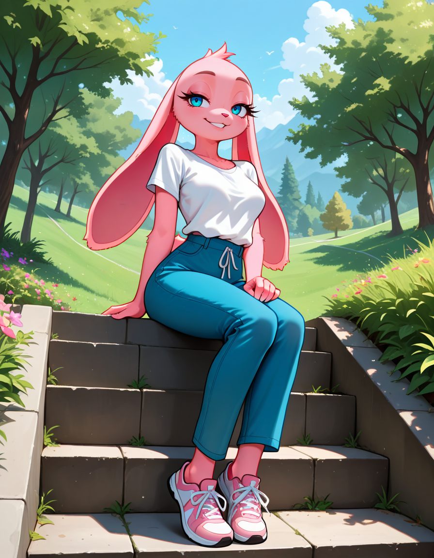 masterpiece, best quality, very aesthetic, absurdres,
outdoors, casual, 
full body, posing,
seductive smile, parted lips, long eyelashes, 
<lora:Poppy_v01_NAIXL:1>
P0pp7,1girl,solo,furry,furry female,rabbit girl,rabbit ears,blue eyes,animal nose,body fur,pink fur,rabbit rail,