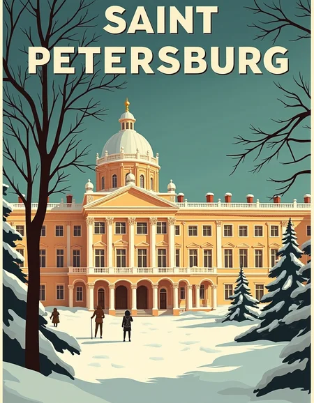<lora:Travel posters:1> Travel illustration
1920 travel poster promoting travels to Saint Petersburg Russia,  Snowing, snow ground, (the Peter the Great's Winter Palace:1.3),  on top in beautiful text:  Experience Saint Petersburg