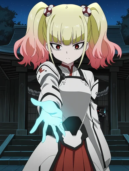 anime coloring, anime screenshot,
 <lora:YuriaNigured_LW:0.8>masterpiece, best quality, amazing quality, detailed, YuriaNigured_LW,blonde hair, multicolored hair, gradient hair, twintails, red eyes, pink hair, bangs, 
(science fiction),  futuristic miko outfit, 
armor, blue glow,dynamic pose, 
outdoors, shrine, serious, hand,outstretched arm, casting magic,
outdoors, night,