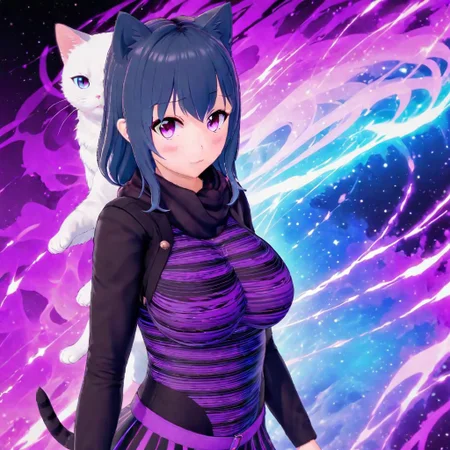 Vapor Wave, Futaba, Anime Art Style, High Quality, High Resolution, Sharp, High Resolution Eyes, Full Body, High-Definition Fantasy Background Cat Girl, Straight lines
