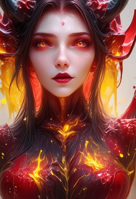 double exposure, blending, beautiful mature devil blends with fire, close-up portrait, hands hidden or out of view, FRESHIDEAS Devil girl, made of slime, sl1m3d, slime-morph.
