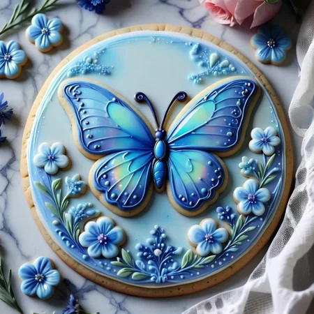 cookie art design, cookie decoration,solo cookie,(flat art),blue opalescence effect, opal gemstone, blue butterfly, blue flowers
