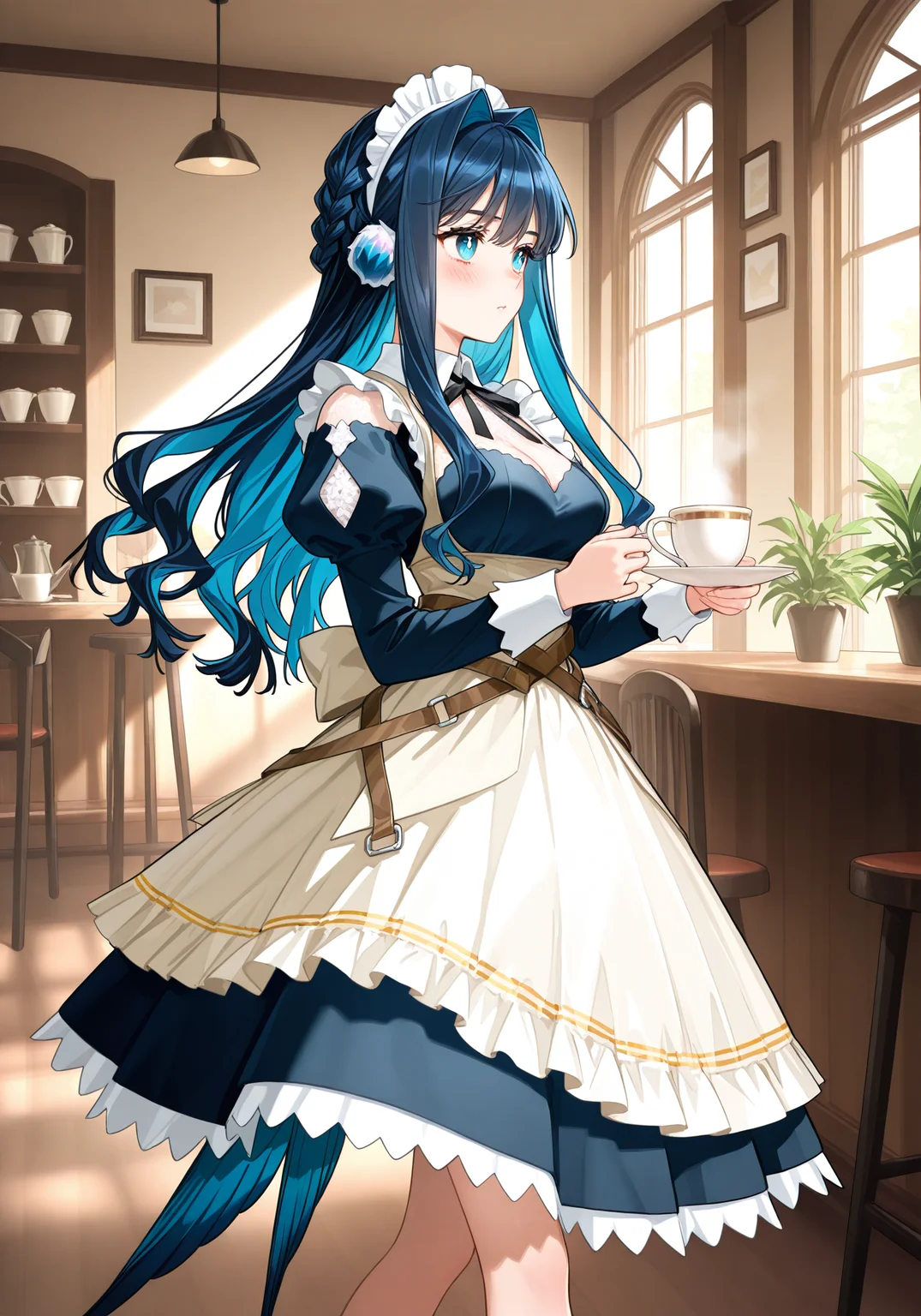arknightsgame,arkbg,masterpiece,best quality,amazing quality,very aesthetic,high resolution,ultra-detailed,absurdres,
1girl,solo,Astesia,blue eyes,white pupil,bird tail,long hair,blue hair,bird girl,medium breasts,
maid,maid apron,maid headdress,holding cup,cafe,
blush,walking,
<lora:AstesiaILREV1.0-000003:1>,arkbg,<lora:ArknightsGameStyleILV1:0.8>,
