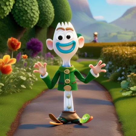 ukj full body pixar style 3g cgi<lora:sdxl_forky_ukj_v10_6:1.0> ((hilarious face, irish leprechaun))