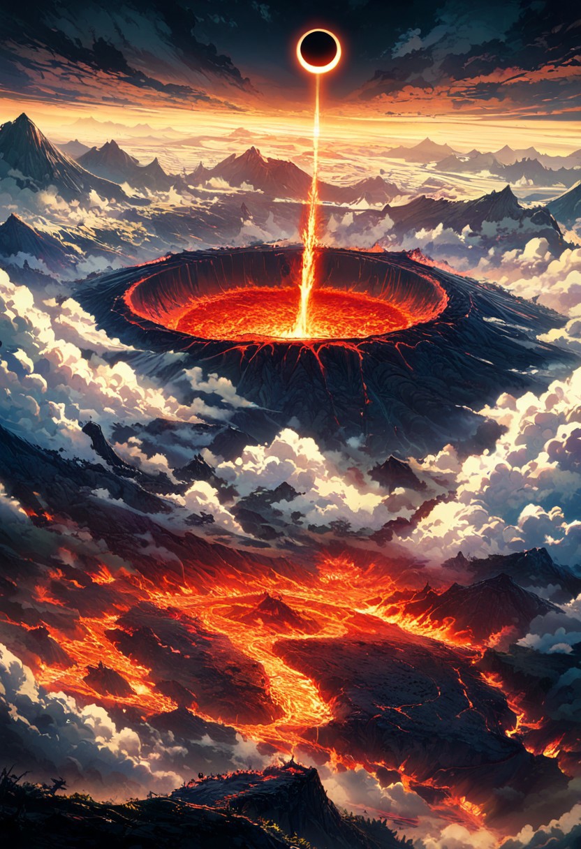 A haven for Earth, detailed landscape, captivating, fantastic, great lighting, Nature, grasslands, mountain, Annular Solar Eclipse, Caldera eruption, Lava River,( from above),  double exposure, beautiful view, mysterious glow, beautiful clouds, depth of field, masterpiece, best quality, 8k, ultra-detailed, very aesthetic, illustration, superb composition, finest details, , intricate details, absurdres, high contrast, RAW, concept art,