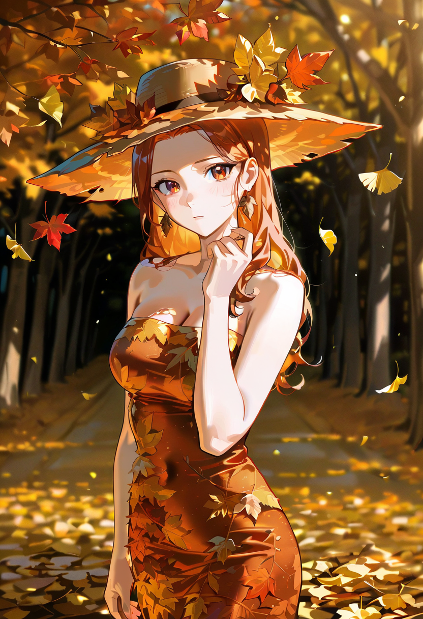 1girl,solo,looking at viewer, echo (circa),al dress, red dress, leaf, orange dress, autumn leaves,upper body, kiryu_coco