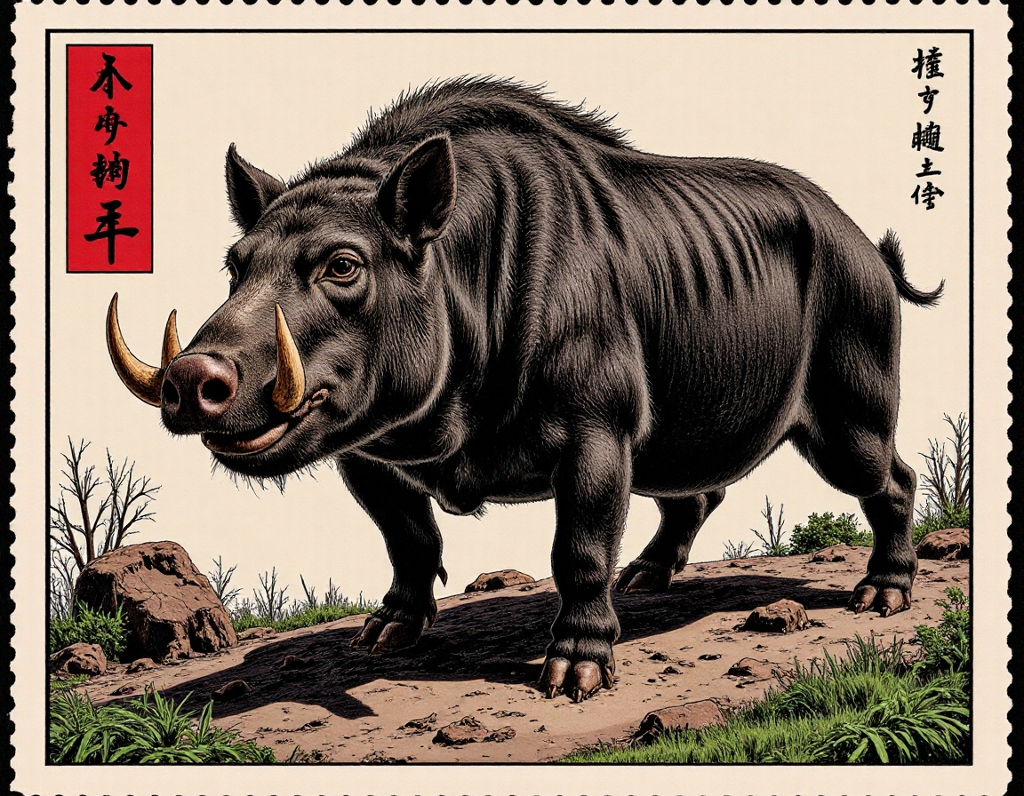 Vintage_Japanese_Stamp, 
A vintage-style Japanese red stamp featuring a colossal, multi-eyed boar with tusks as sharp as swords. Its skin is covered in thick, jagged scars, each one forming a strange sigil or symbol of protection. The red stamp on its forehead signifies its role as a guardian of an ancient burial ground, doomed to protect it from any intruders.