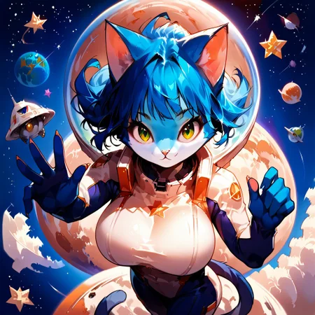 Audr3yC4t, blue anthro cat, blue fur,
detailed, hands,
score_9, score_8_up, score_7_up, source_anime, solo, Floating, in space, space suit, large breasts, looking at viewer, amazed, stars, From above, portrait,