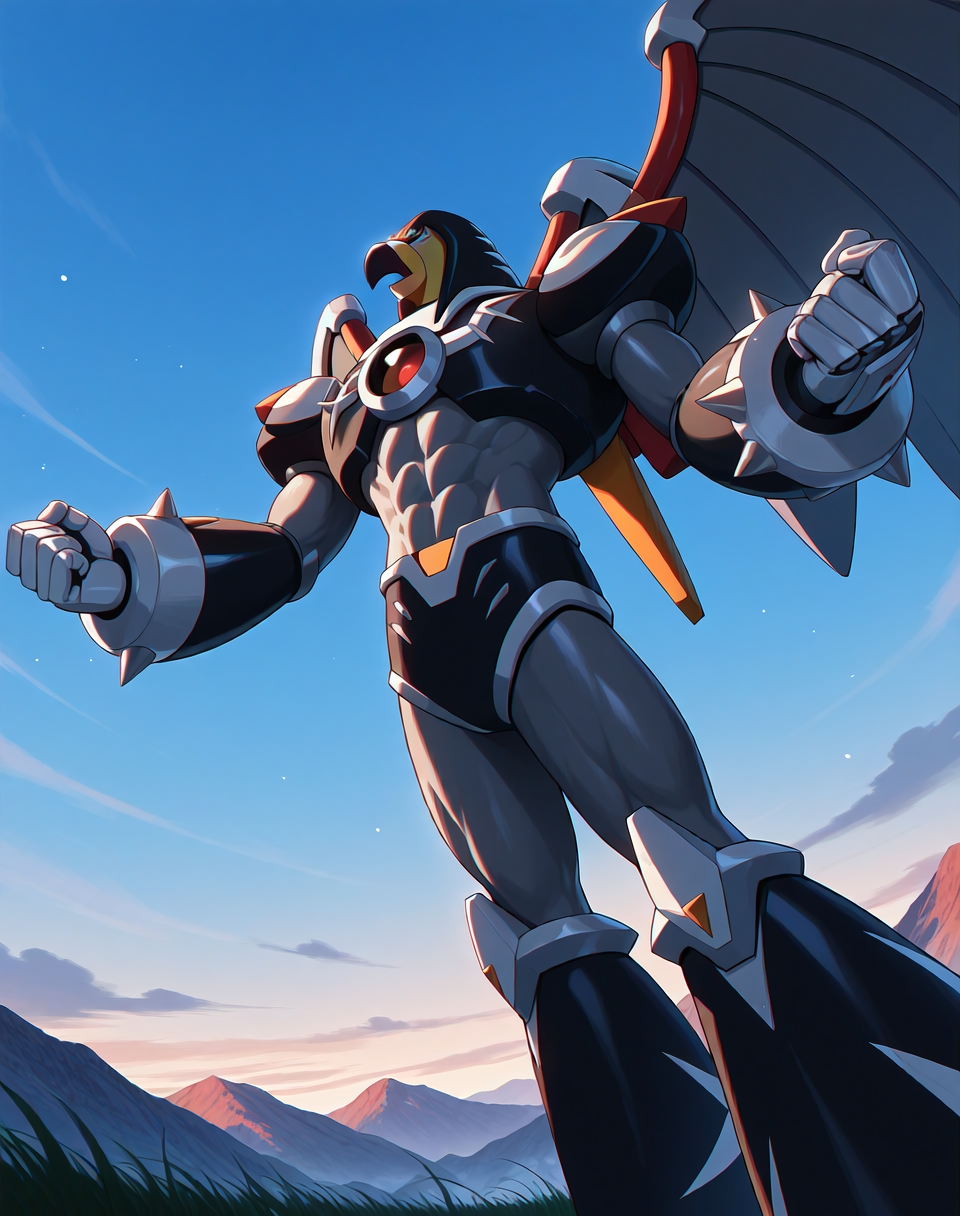 <lora:Flame_Falcon_(Mega_Man_X)_(Illustrious)_(AD):1.35> Flame Falcon, reploid, MMX, 
exterior, blue sky with clouds, mountain valley, grassy valley,
dutch angle, dynamic action, cowboy shot,
male focus, intense shadows, dynamic shadows, intricate details, attention to details, gradient coloring, robot, bright vivid colors, deep metallic colors, glossy metal body, wings, beak, abs, hyper muscular, evil villain, 
BREAK very awa, masterpiece, best quality, amazing quality, very aesthetic, highres, absurdres,
EZRealPONYXL, zPDXL, Smooth Quality, lazynsfw,