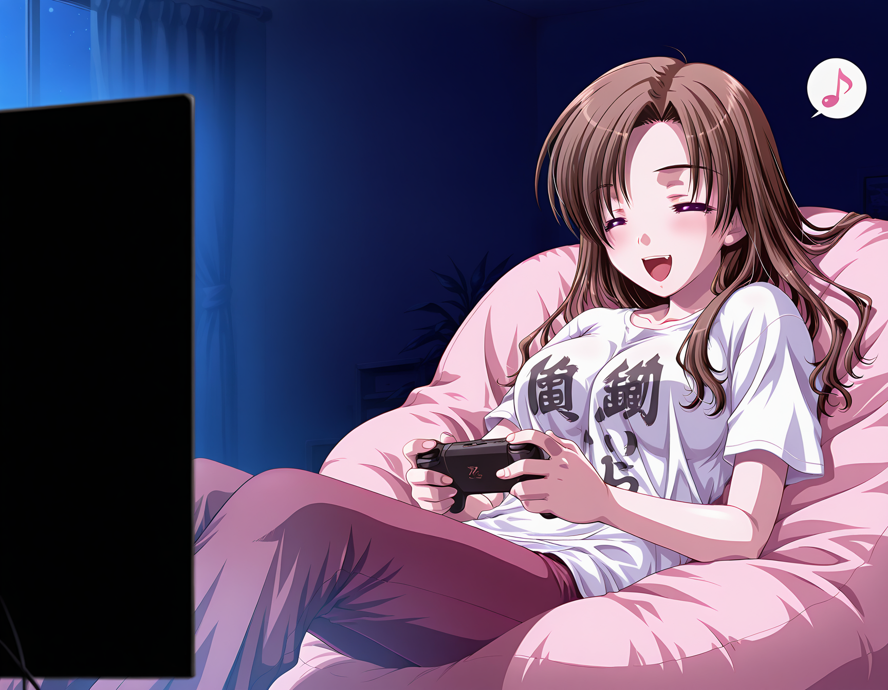 masterpiece, best quality, amazing quality, official art, ultra highres, very aesthetic,
1girl, solo, shizutani_shion, long hair, brown hair, 
You Work You Lose T-Shirt, pants BREAK  
laughing, spoken musical note
= =,  Bean_bag_chair, sitting, relaxing, reclining, playing games, in room, night, deep contrast of light and dark, sharp focus, depth of field, highly detailed
<lora:shizutani shion v1.0-000011:1> <lora:You Work You Lose Shirt - v11.TA_trained:0.8>